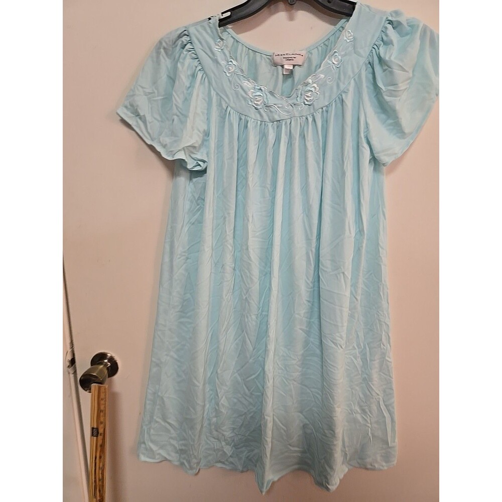 Miss Elaine Seersucker Nightgown MEDIUM BLUE Embroidered Flowers Pullover